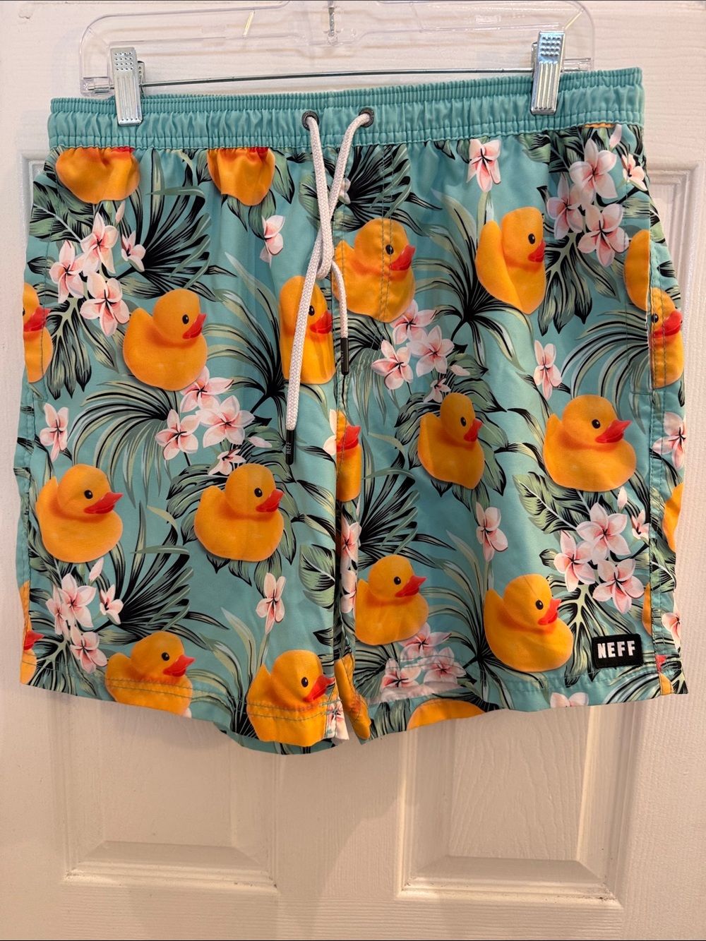 Neff Men’s Aqua Swim Shorts with Yellow Rubber Duck Print Size XL